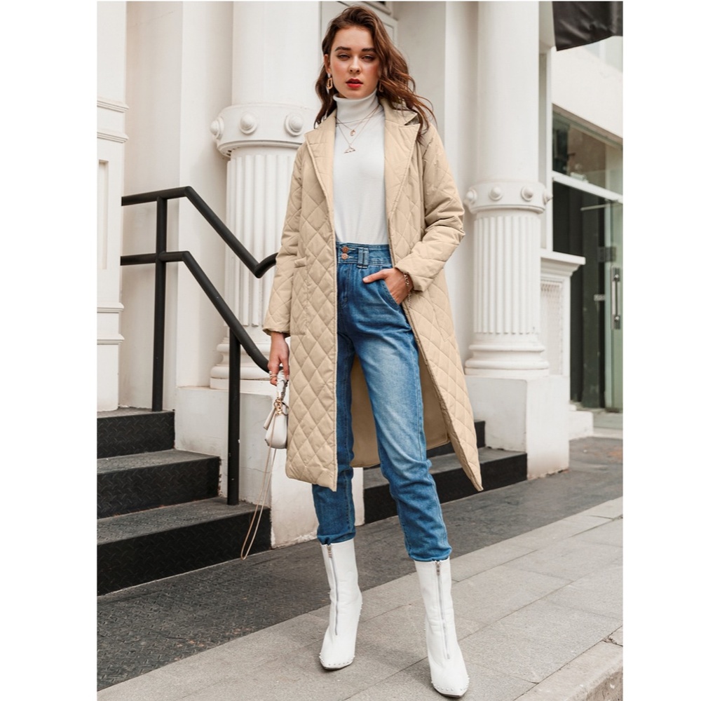 Beige Quilted Belted Coat with Pockets - Picture 5 of 17